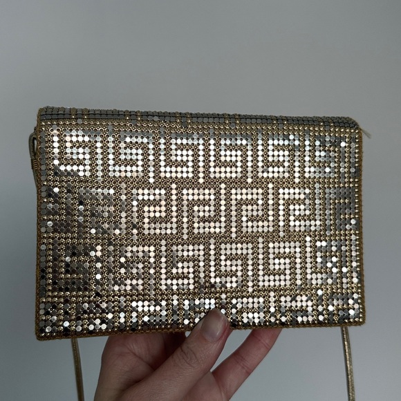 Whiting and Davis Vintage Gold and Silver Sequin Greek Lock and Key Clutch Bag - Picture 3 of 8